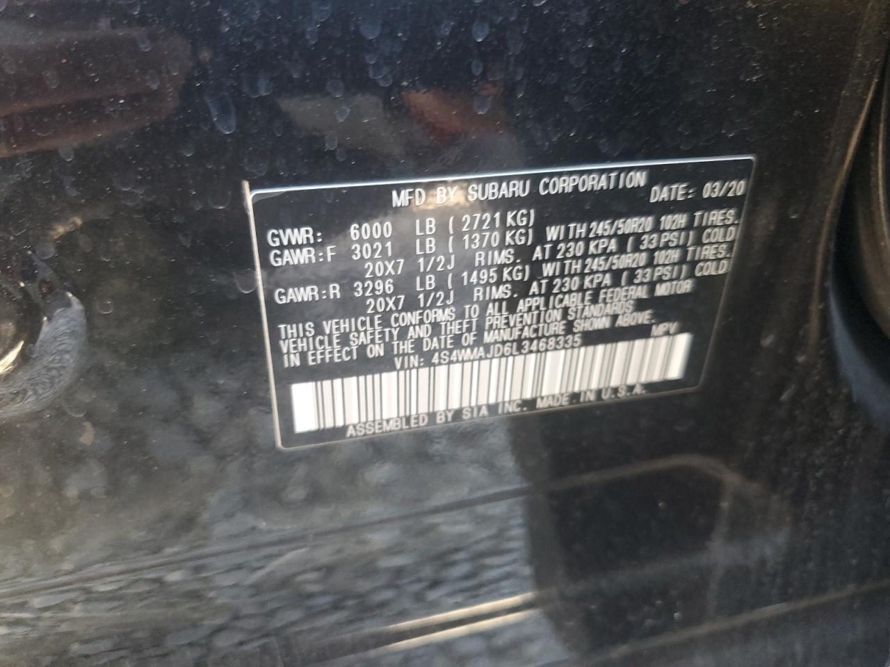 2020 Subaru Ascent Limited VIN: 4S4WMAJD6L3468335 Lot: 60375705