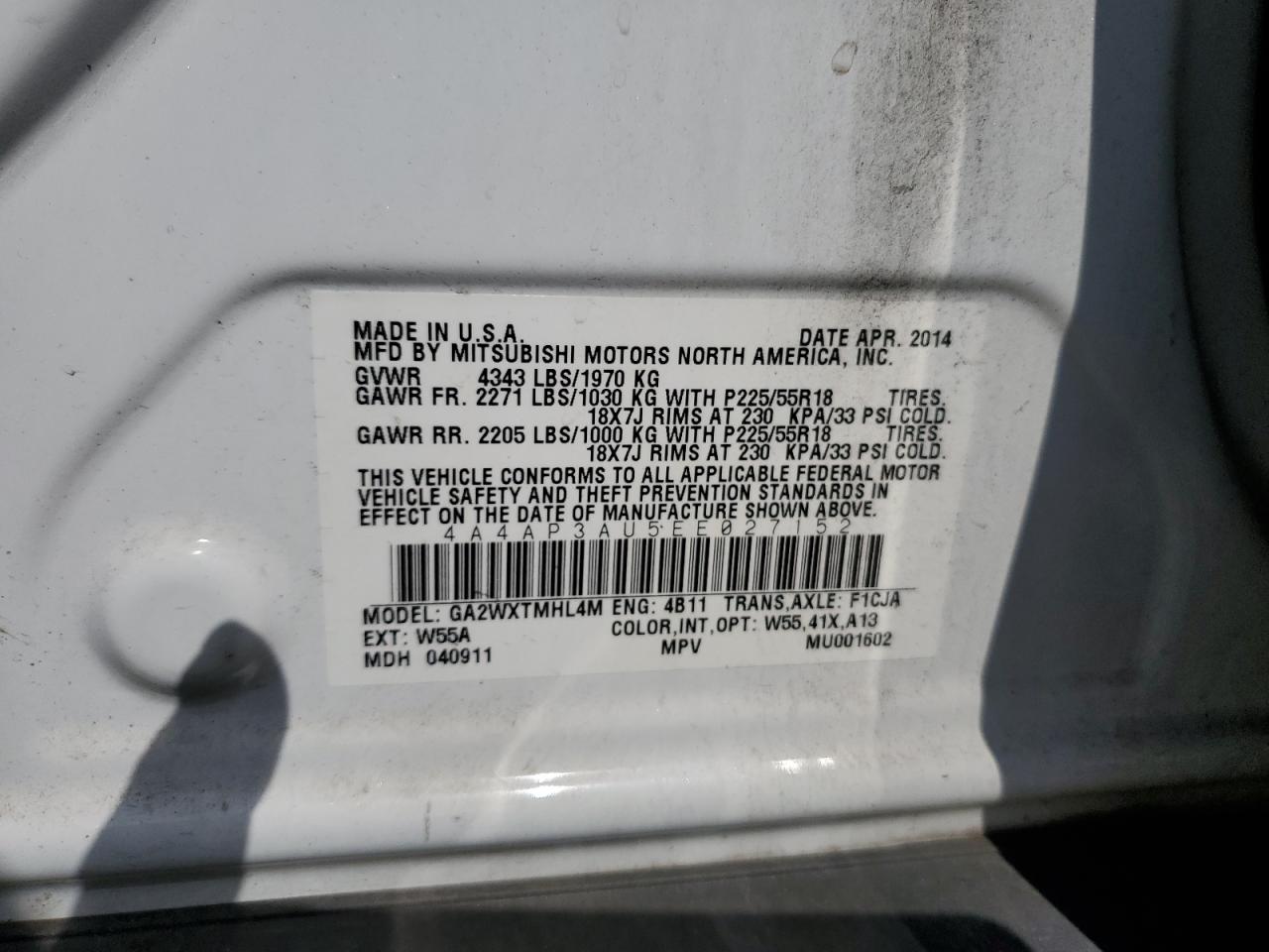 2014 Mitsubishi Outlander Sport Es VIN: 4A4AP3AU5EE027152 Lot: 61482525