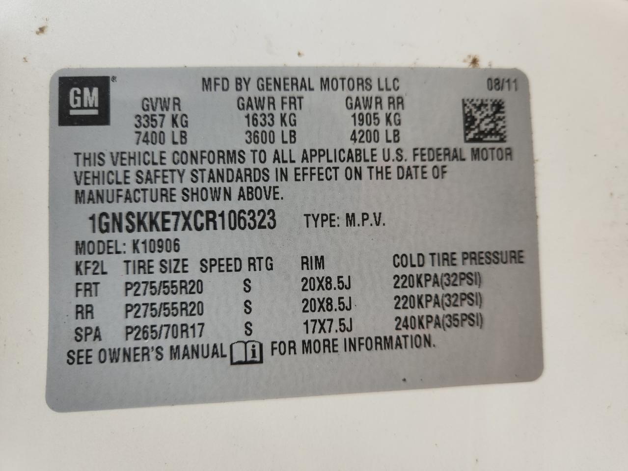 2012 Chevrolet Suburban K1500 Ltz VIN: 1GNSKKE7XCR106323 Lot: 60630435