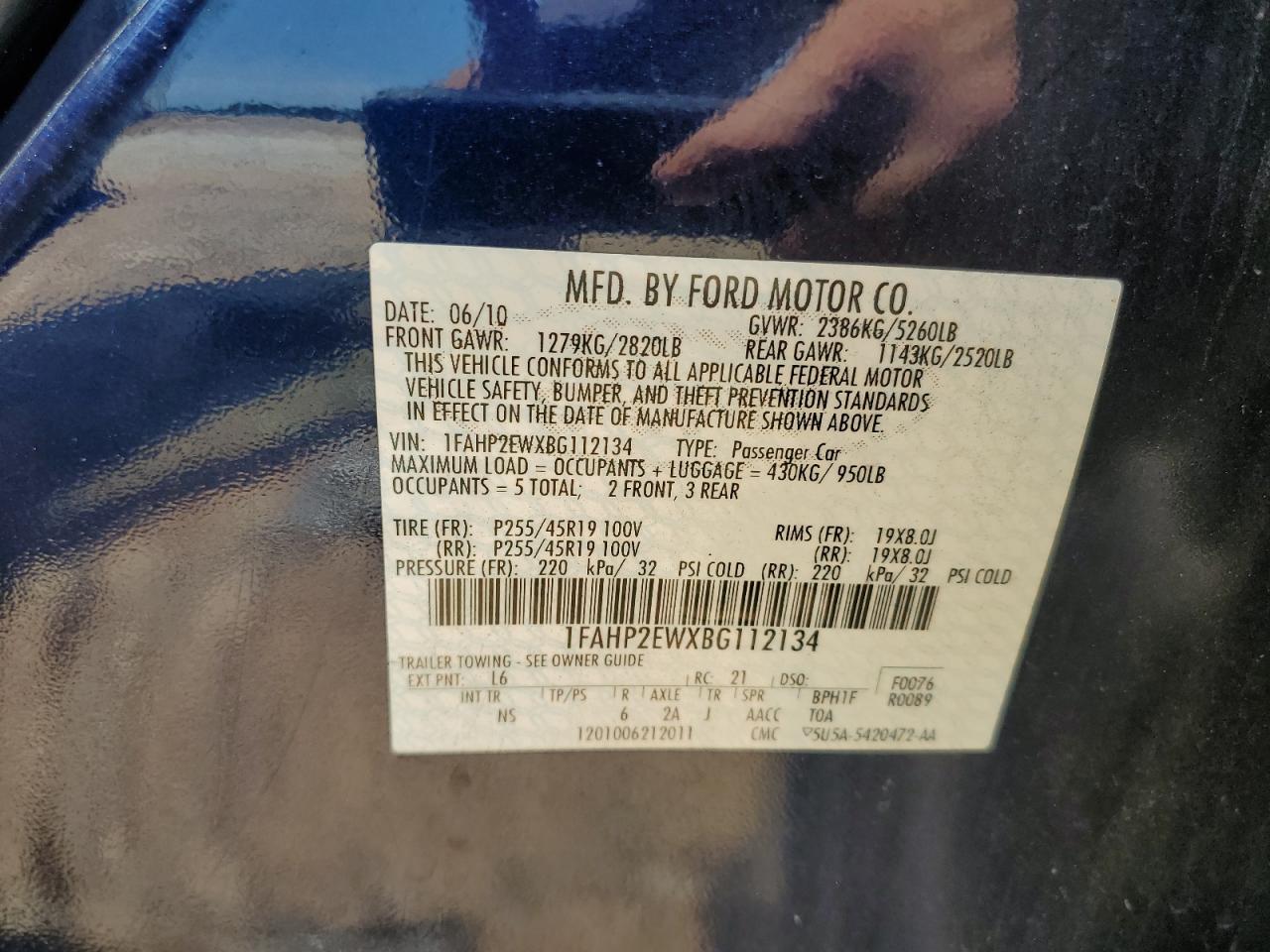 2011 Ford Taurus Sel VIN: 1FAHP2EWXBG112134 Lot: 62713085