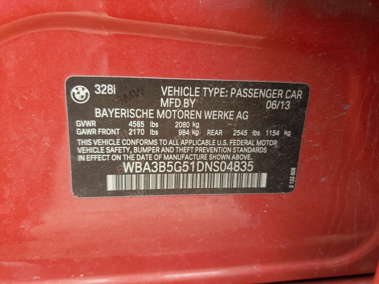 2013 BMW 328 Xi Sulev VIN: WBA3B5G51DNS04835 Lot: 60216735
