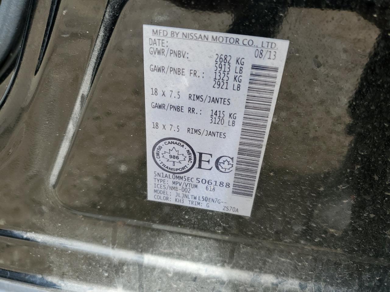 2014 Infiniti Qx60 VIN: 5N1AL0MM5EC506188 Lot: 61006665