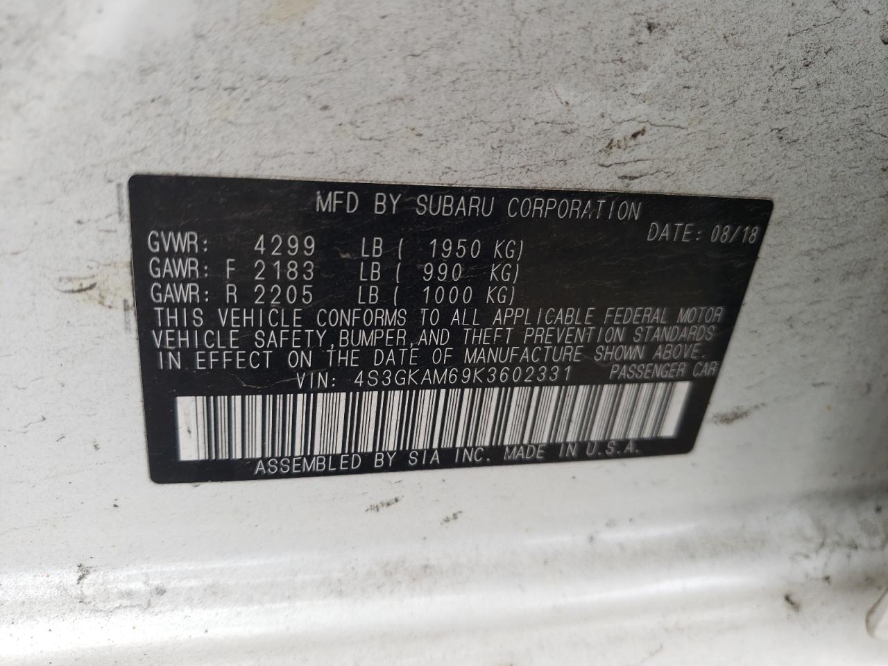2019 Subaru Impreza Sport VIN: 4S3GKAM69K3602331 Lot: 61039225