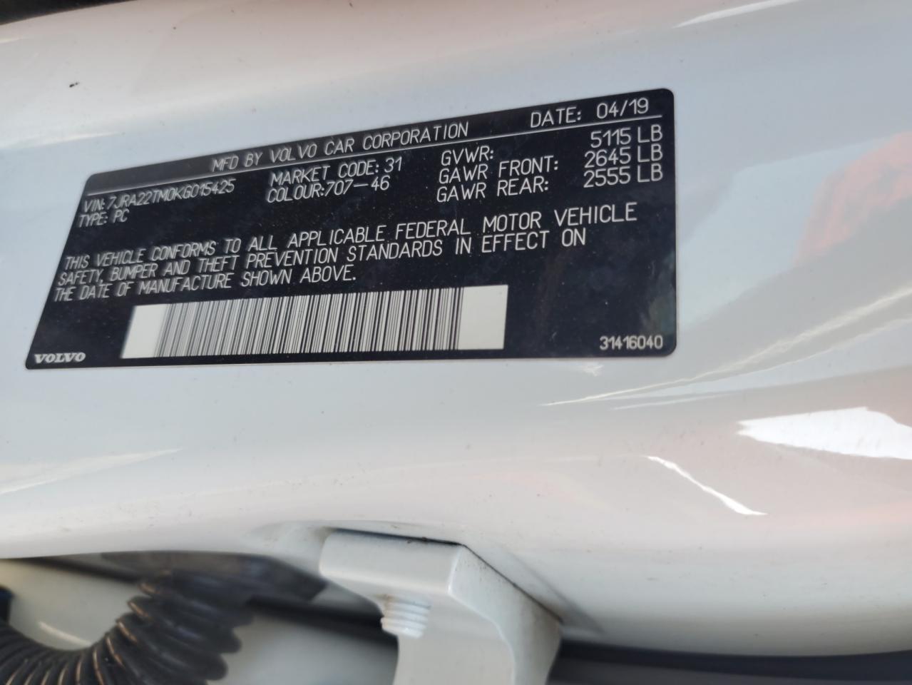2019 Volvo S60 T6 R-Design VIN: 7JRA22TM0KG01542 Lot: 62022785