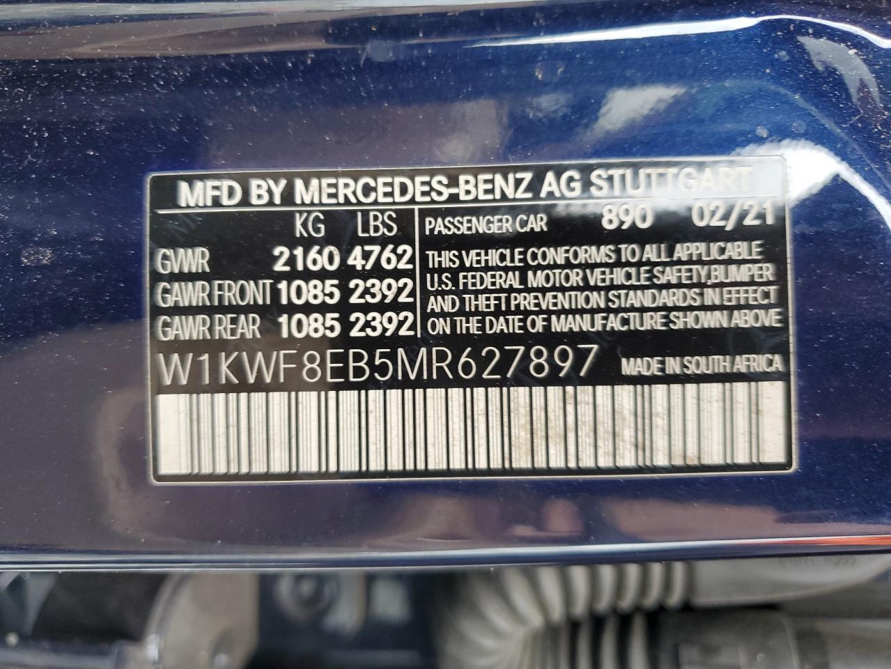 2021 Mercedes-Benz C 300 4Matic VIN: W1KWF8EB5MR627897 Lot: 59471235