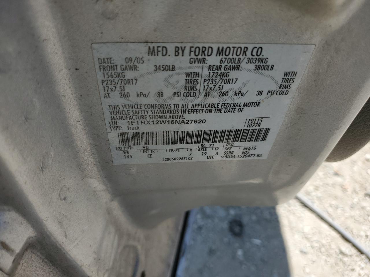 2006 Ford F150 VIN: 1FTRX12W16NA27620 Lot: 62680485