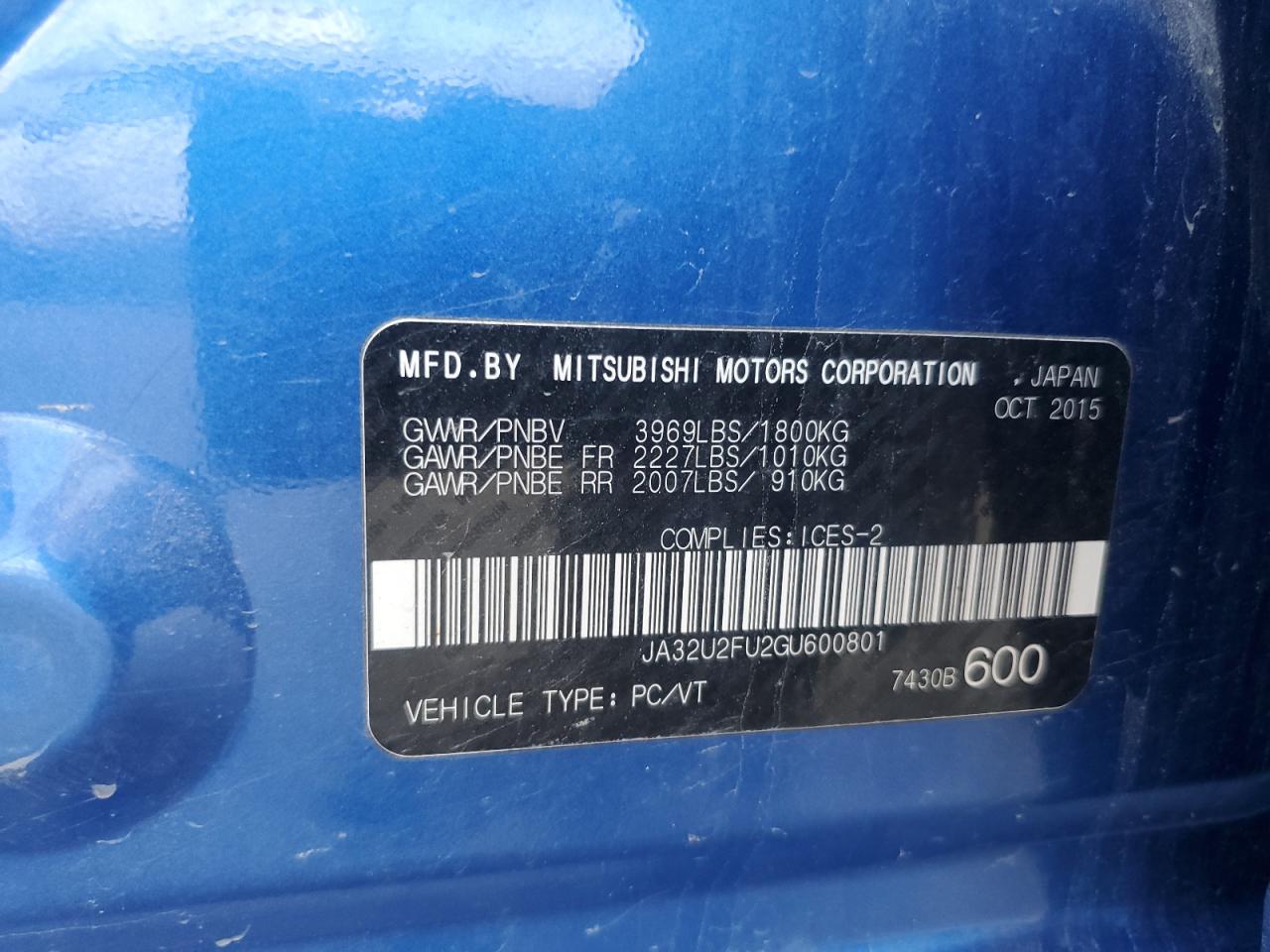 2016 Mitsubishi Lancer Es VIN: JA32U2FU2GU600801 Lot: 62075355