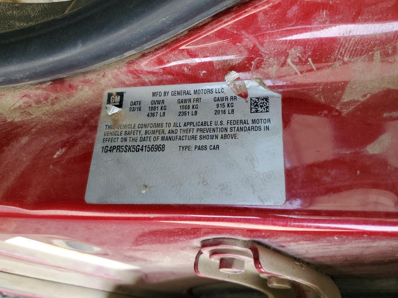 2016 Buick Verano Convenience VIN: 1G4PR5SK5G4156968 Lot: 61493065