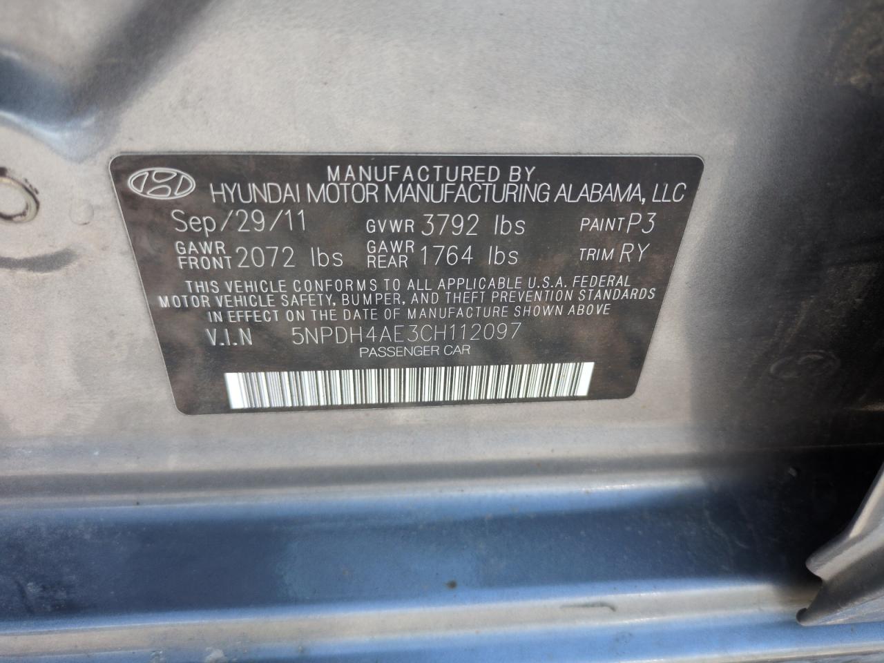 2012 Hyundai Elantra Gls VIN: 5NPDH4AE3CH112097 Lot: 62541565