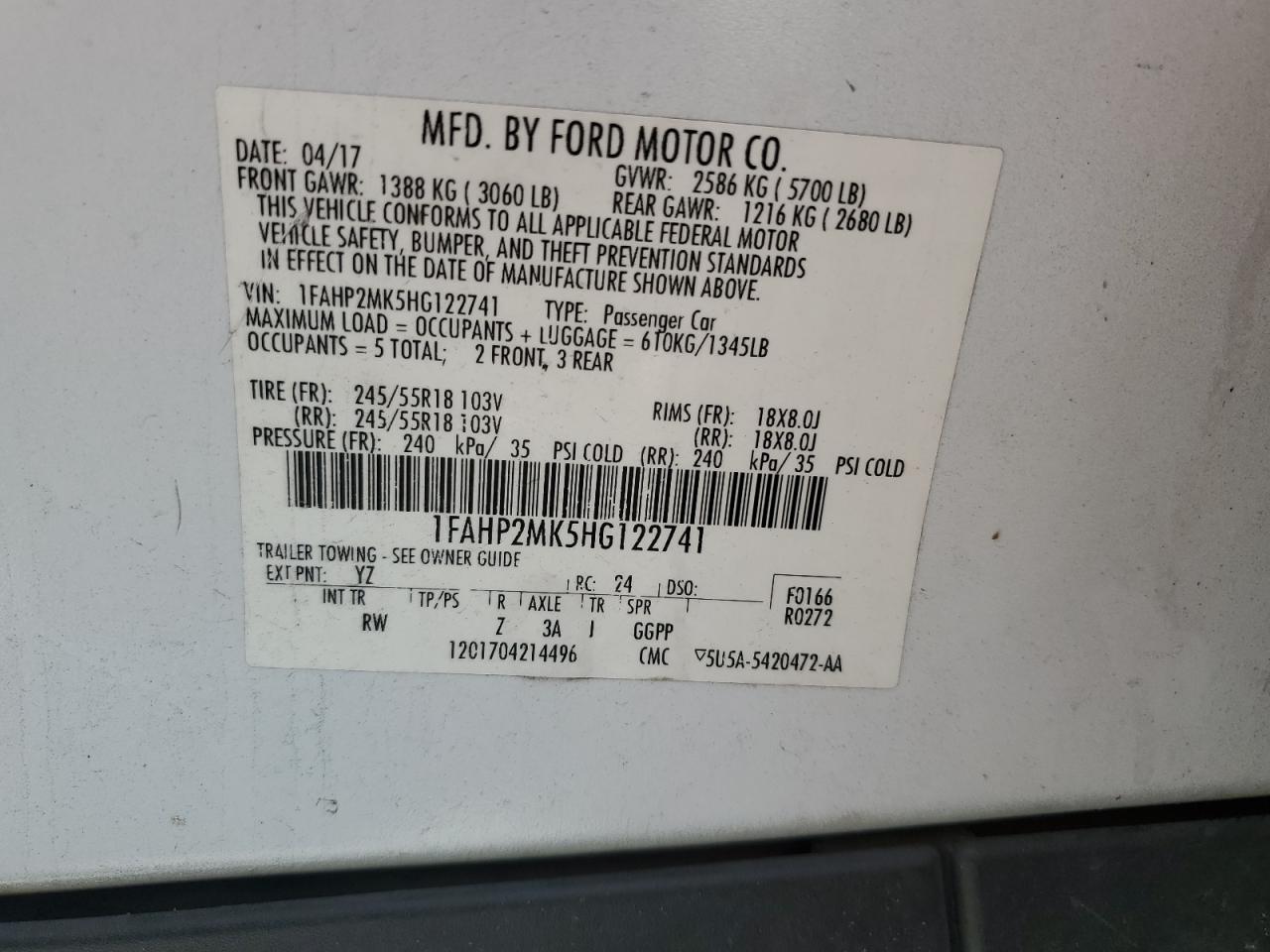 2017 Ford Taurus Police Interceptor VIN: 1FAHP2MK5HG122741 Lot: 61060125