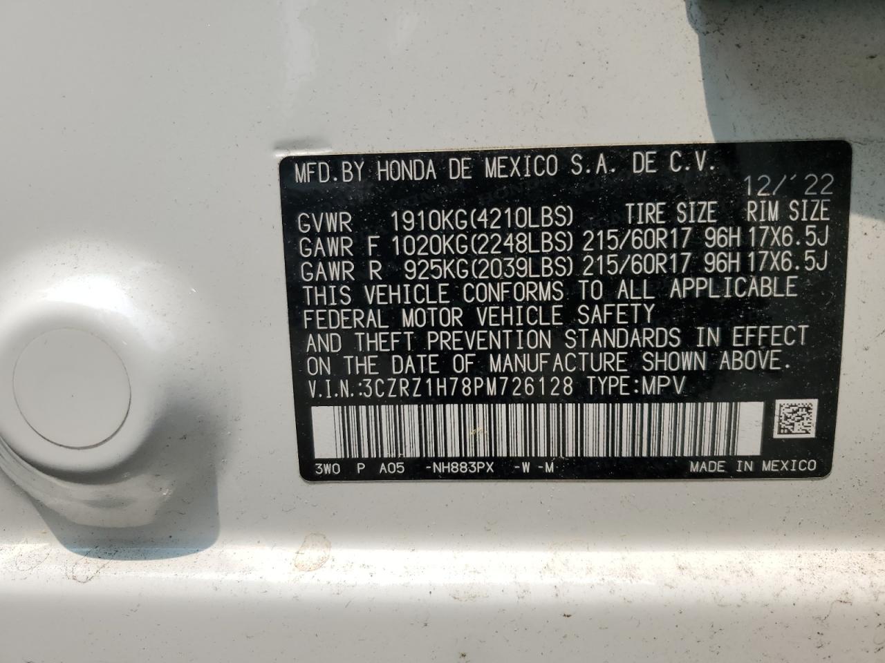 2023 Honda Hr-V Exl VIN: 3CZRZ1H78PM726128 Lot: 58999965