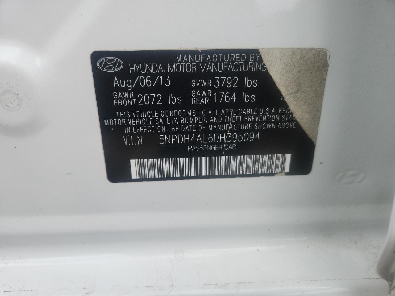 2013 Hyundai Elantra Gls VIN: 5NPDH4AE6DH395094 Lot: 61824775