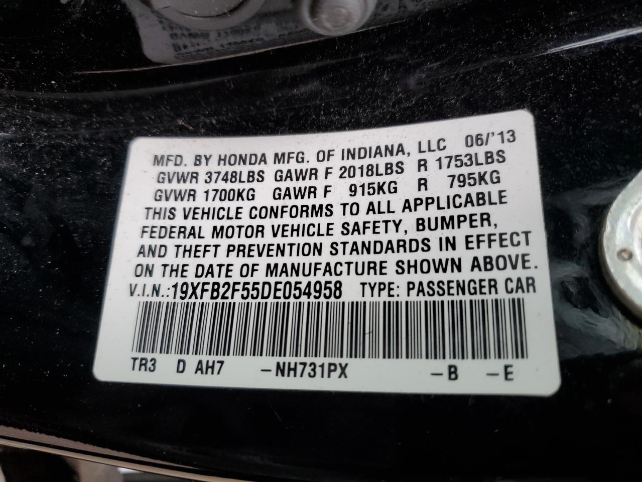 2013 Honda Civic Lx VIN: 19XFB2F55DE054958 Lot: 62707595