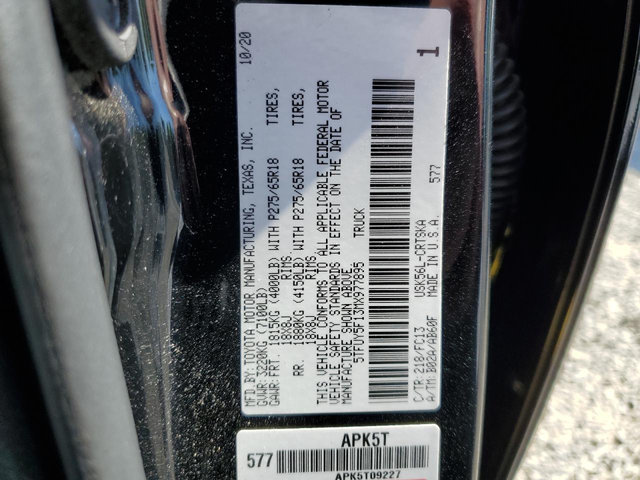 2021 Toyota Tundra Double Cab Sr VIN: 5TFUY5F13MX977895 Lot: 63267165