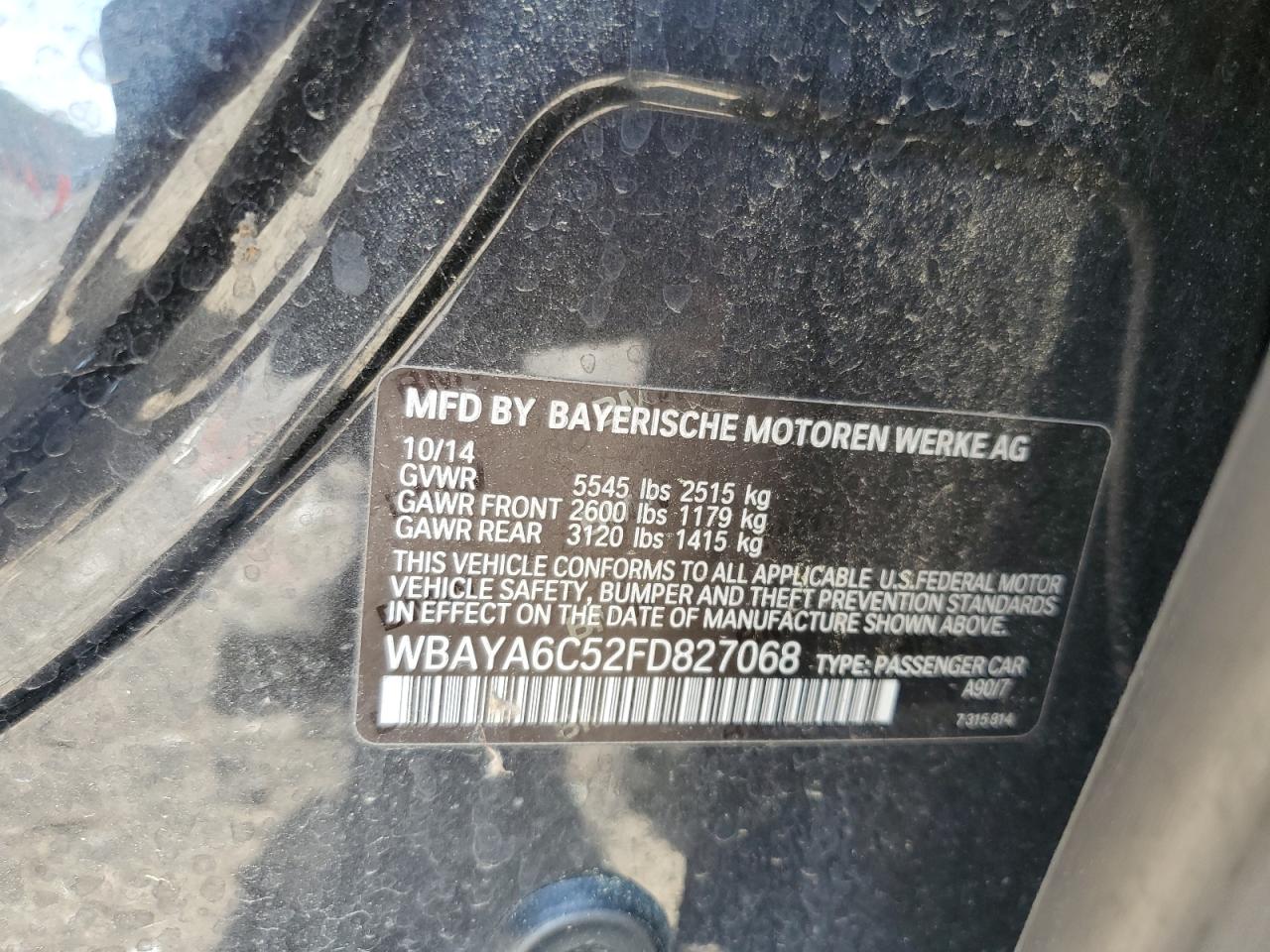 2015 BMW 740 I VIN: WBAYA6C52FD827068 Lot: 61811055
