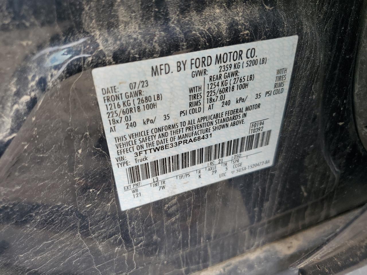 2023 Ford Maverick Xl VIN: 3FTTW8E33PRA68431 Lot: 59863165