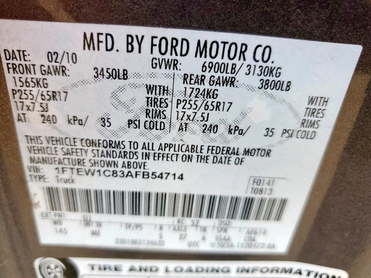 2010 Ford F150 Supercrew VIN: 1FTEW1C83AFB54714 Lot: 58607125