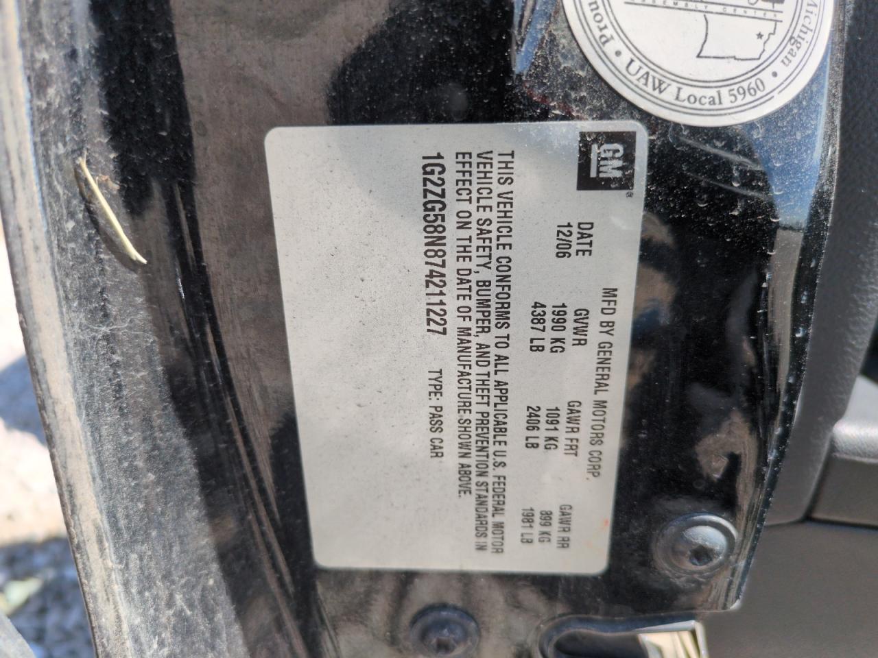 2007 Pontiac G6 Base VIN: 1G2ZG58N874211227 Lot: 61267995