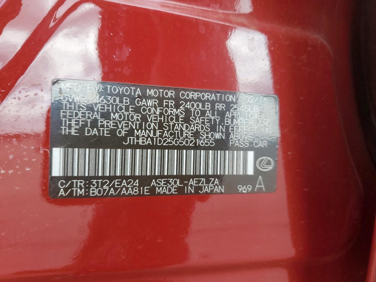 2016 Lexus Is 200T VIN: JTHBA1D25G5021655 Lot: 62470445