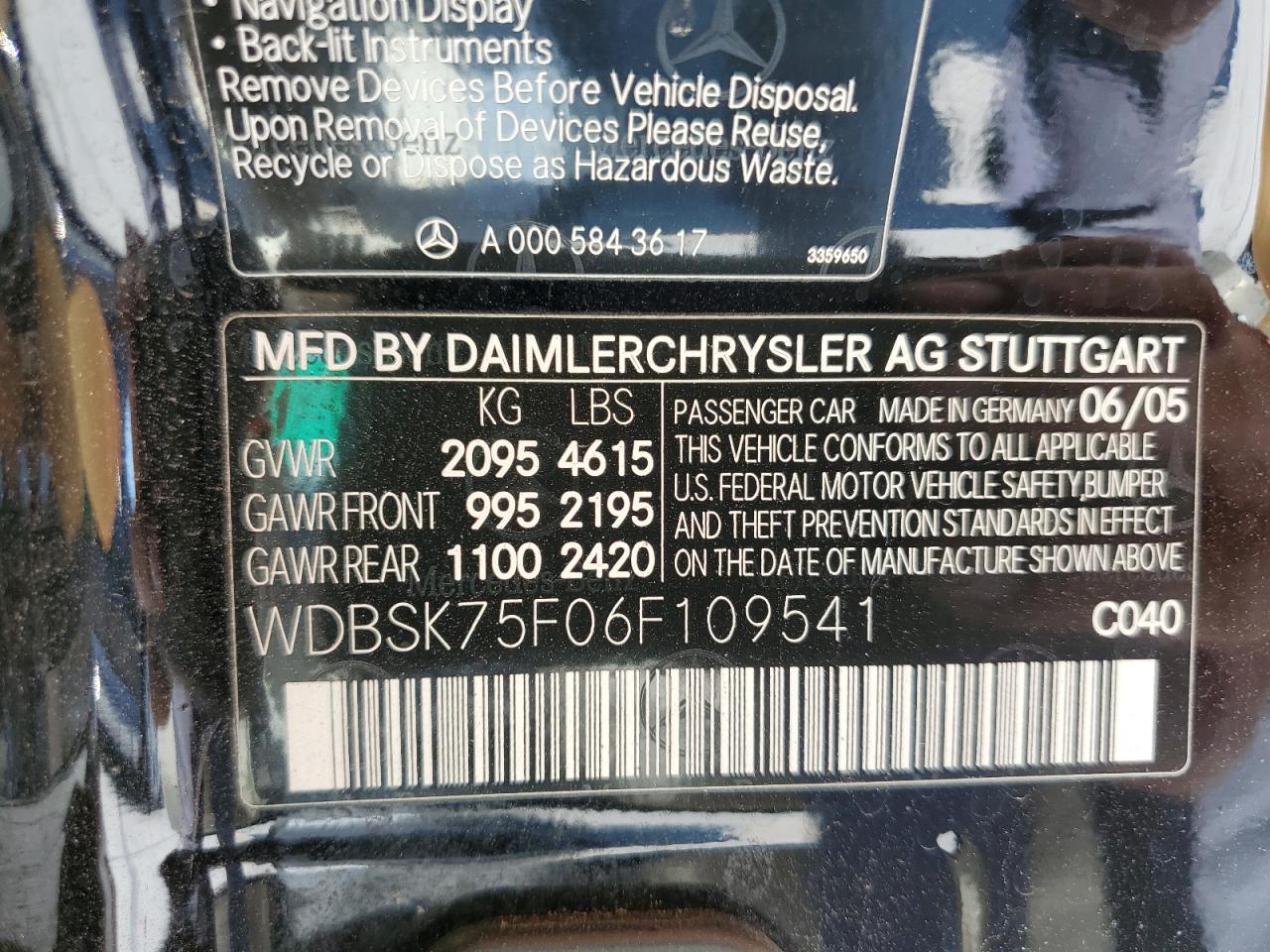 2006 Mercedes-Benz Sl 500 VIN: WDBSK75F06F109541 Lot: 61430545