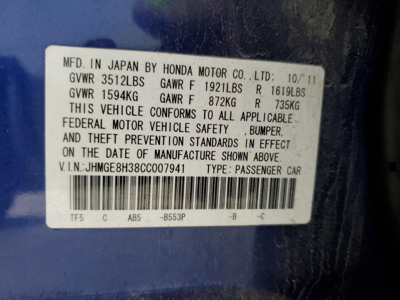 2012 Honda Fit VIN: JHMGE8H38CC007941 Lot: 62942015