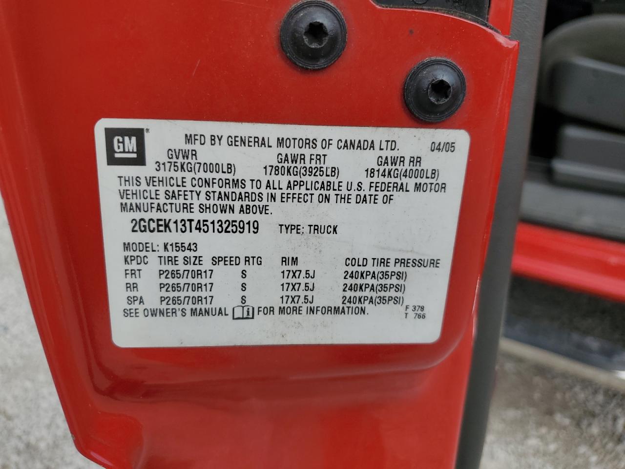 CHEVROLET ALL Models 2005 VIN 2GCEK13T451325919 zdjęcie 12