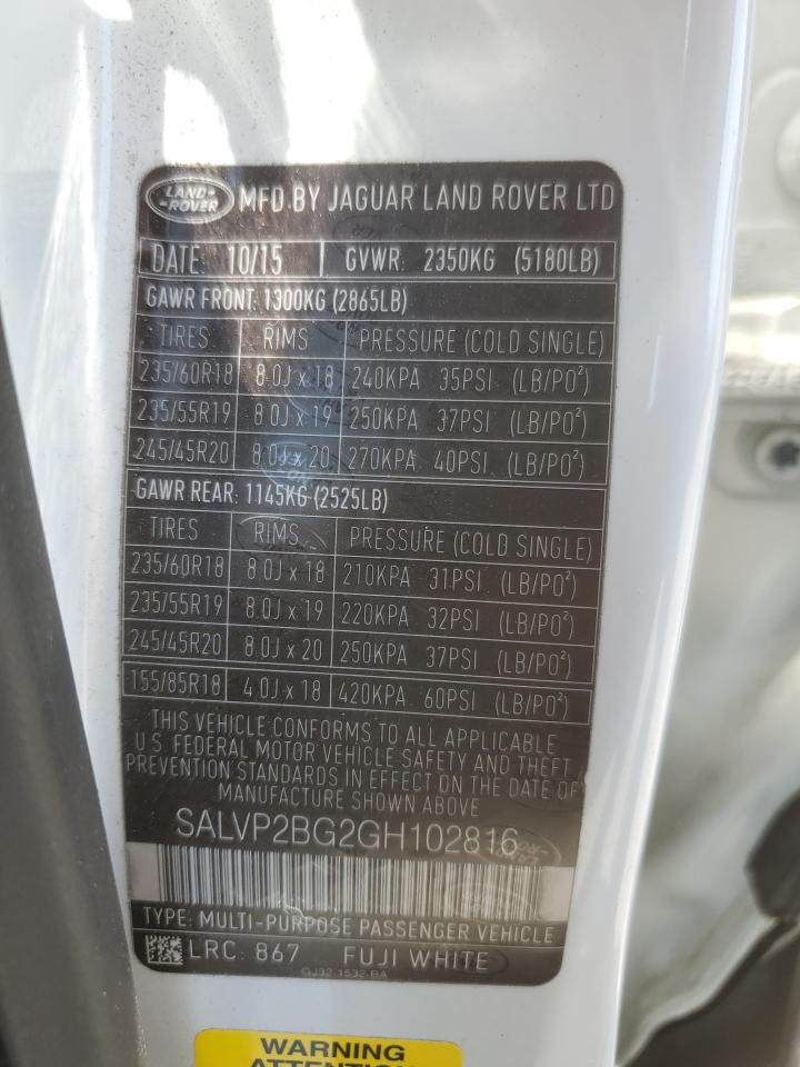 2016 Land Rover Range Rover Evoque Se VIN: SALVP2BG2GH102816 Lot: 62378255