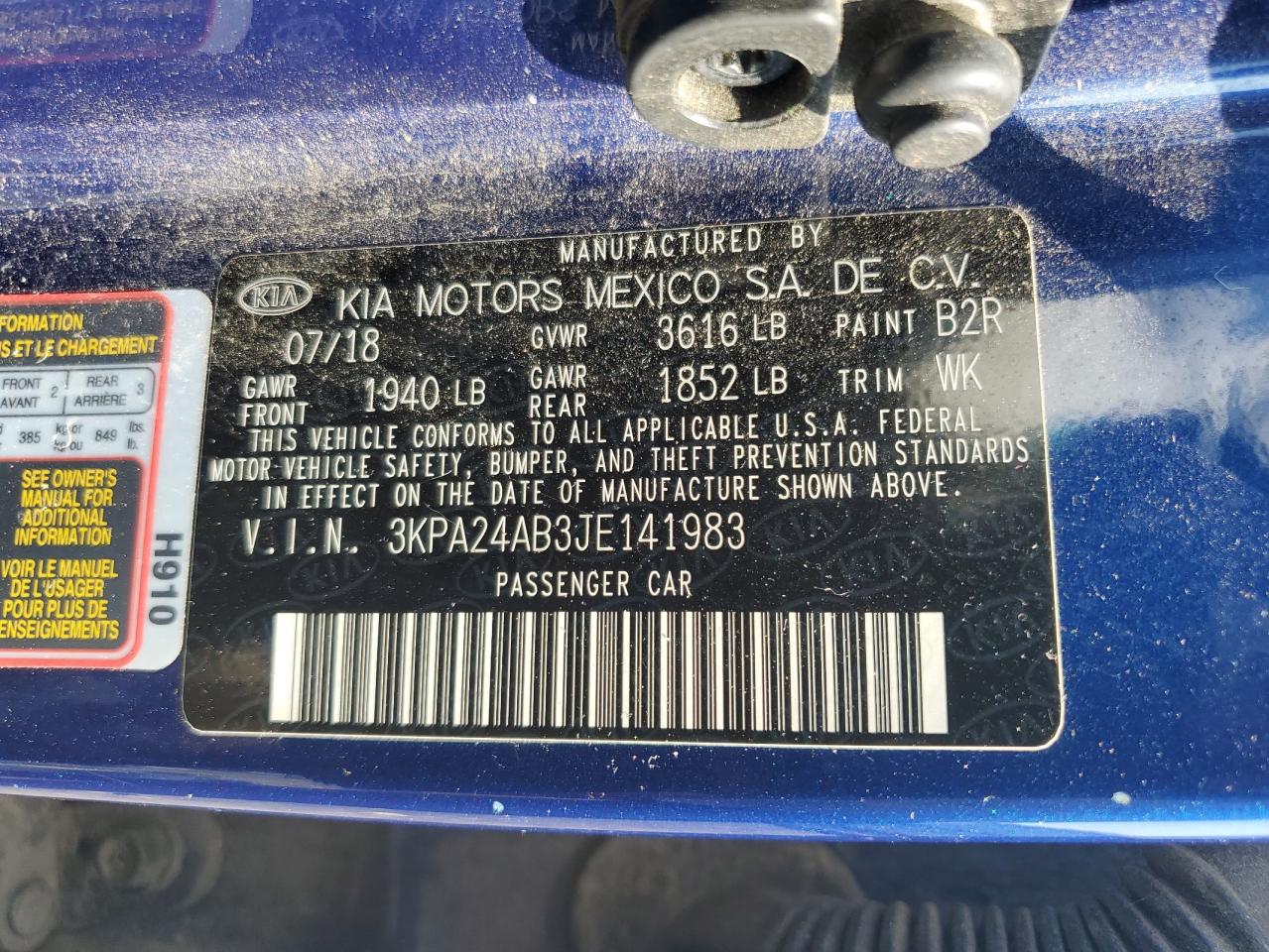 2018 Kia Rio Lx VIN: 3KPA24AB3JE141983 Lot: 62160785