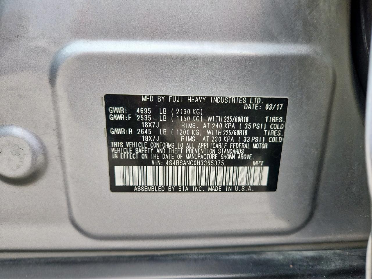 2017 Subaru Outback 2.5I Limited VIN: 4S4BSANC0H3365375 Lot: 60510245