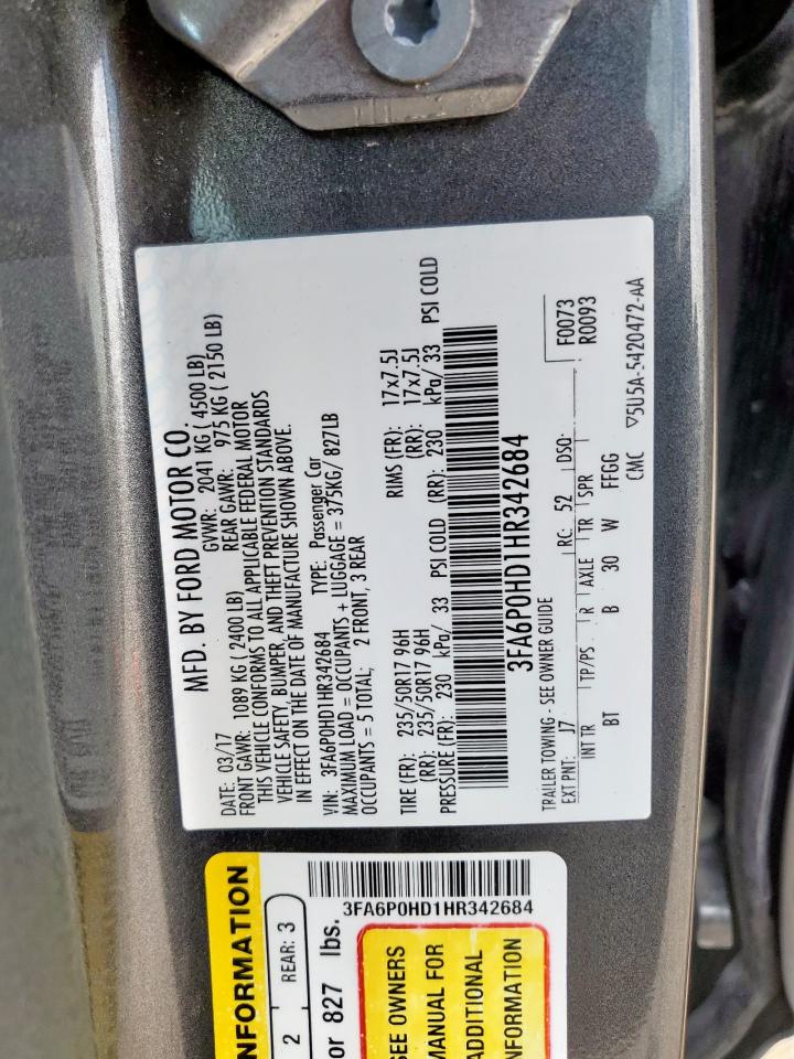 2017 Ford Fusion Se VIN: 3FA6P0HD1HR342684 Lot: 61636185