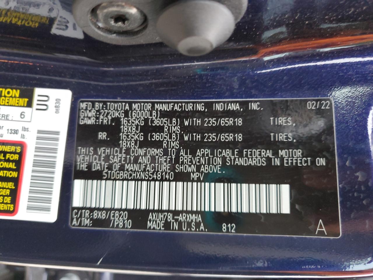 2022 Toyota Highlander Hybrid Xle VIN: 5TDGBRCHXNS548140 Lot: 62272295