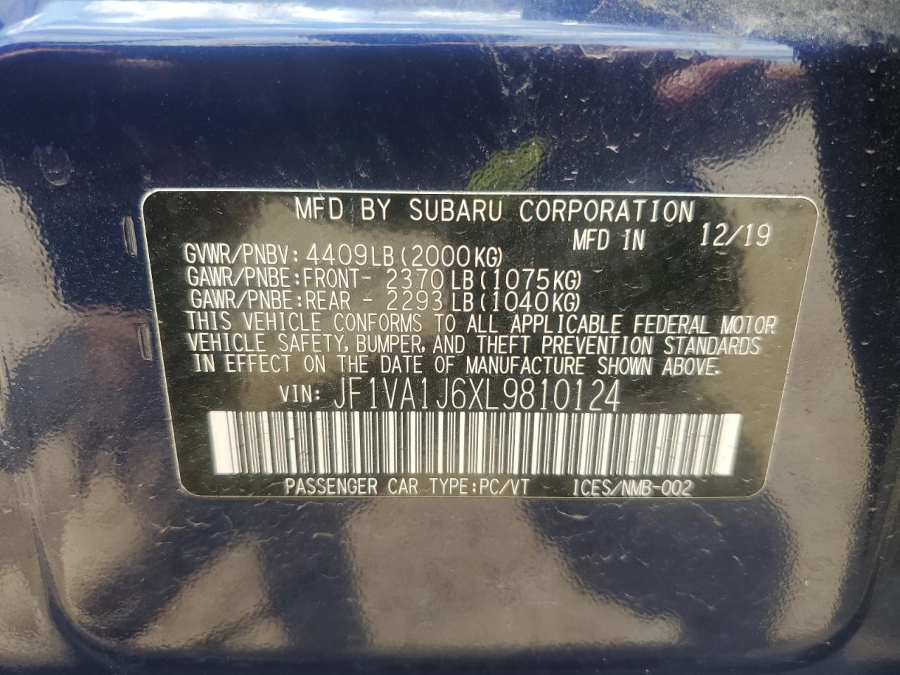 2020 Subaru Wrx Limited VIN: JF1VA1J6XL9810124 Lot: 62133775
