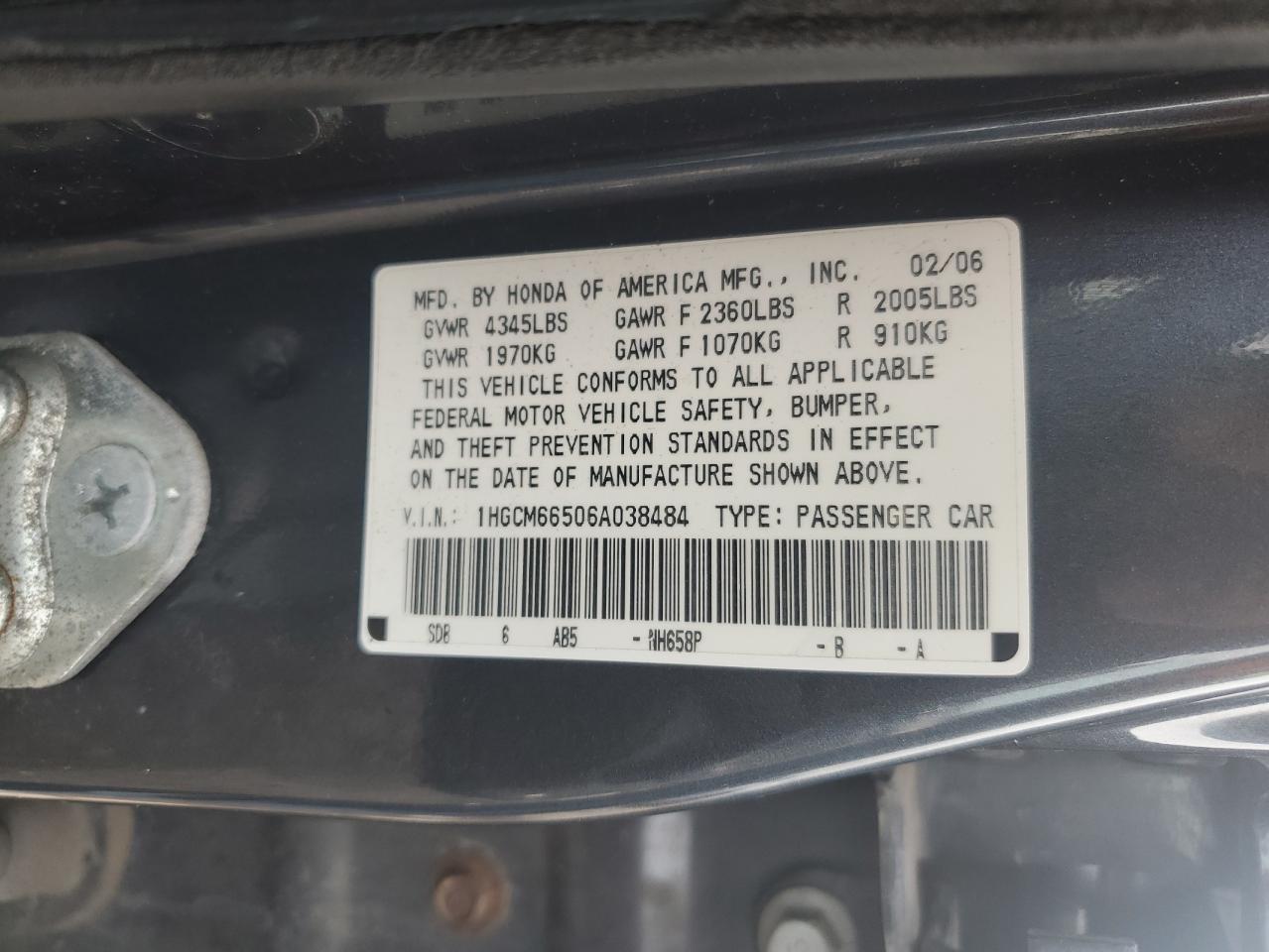 2006 Honda Accord Ex VIN: 1HGCM66506A038484 Lot: 59839095