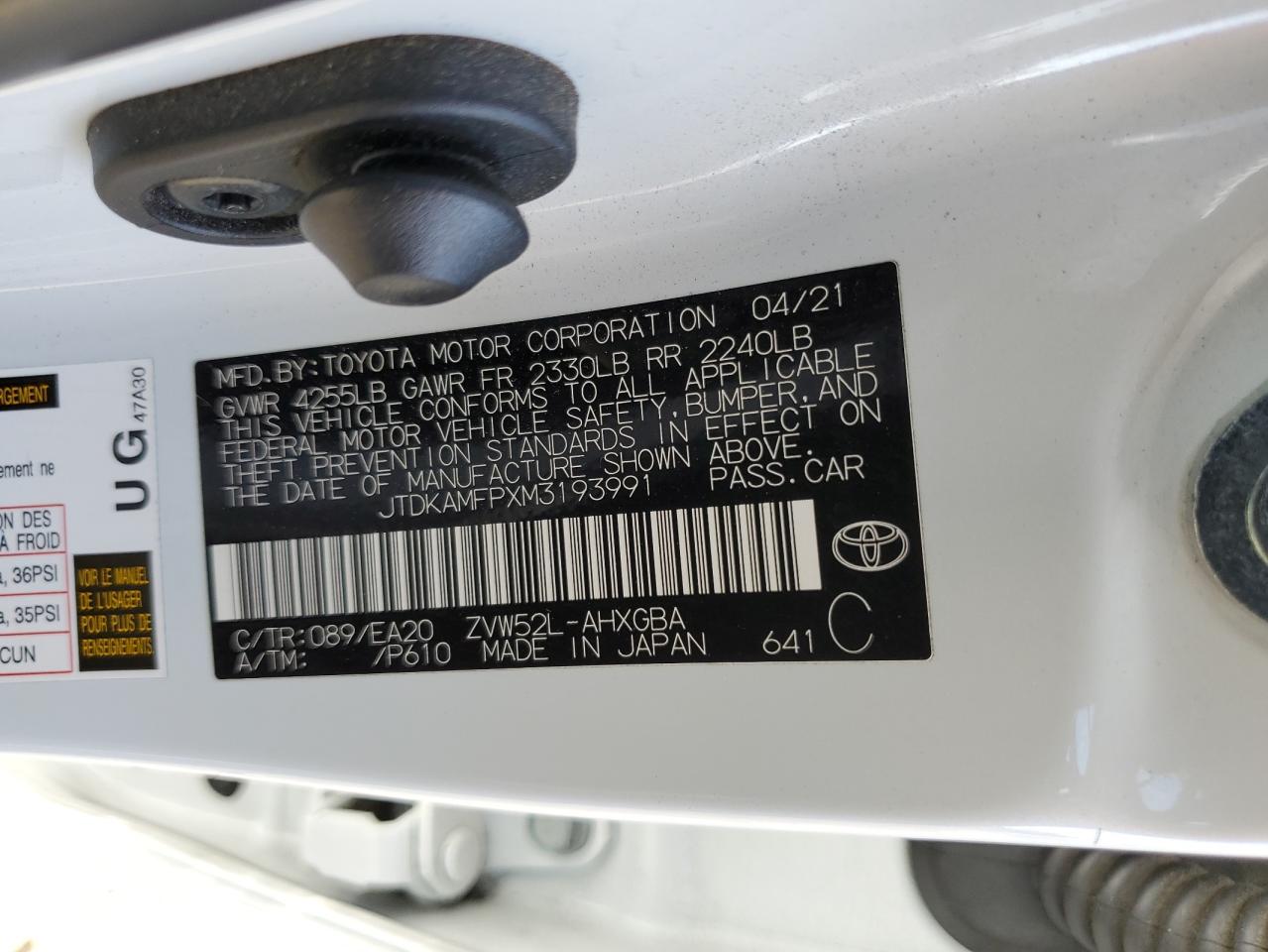 2021 Toyota Prius Prime Le VIN: JTDKAMFPXM3193991 Lot: 61435725