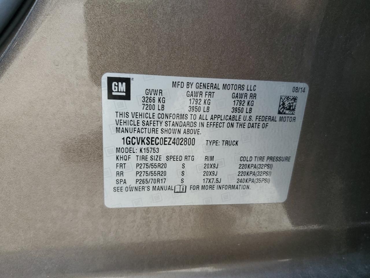 CHEVROLET ALL Models 2014 VIN 1GCVKSEC0EZ402800 photo 12