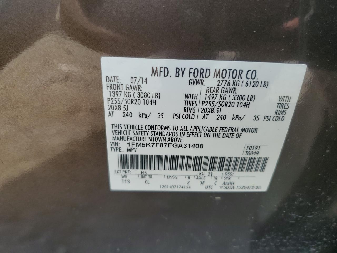 2015 Ford Explorer Limited VIN: 1FM5K7F87FGA31408 Lot: 62720065