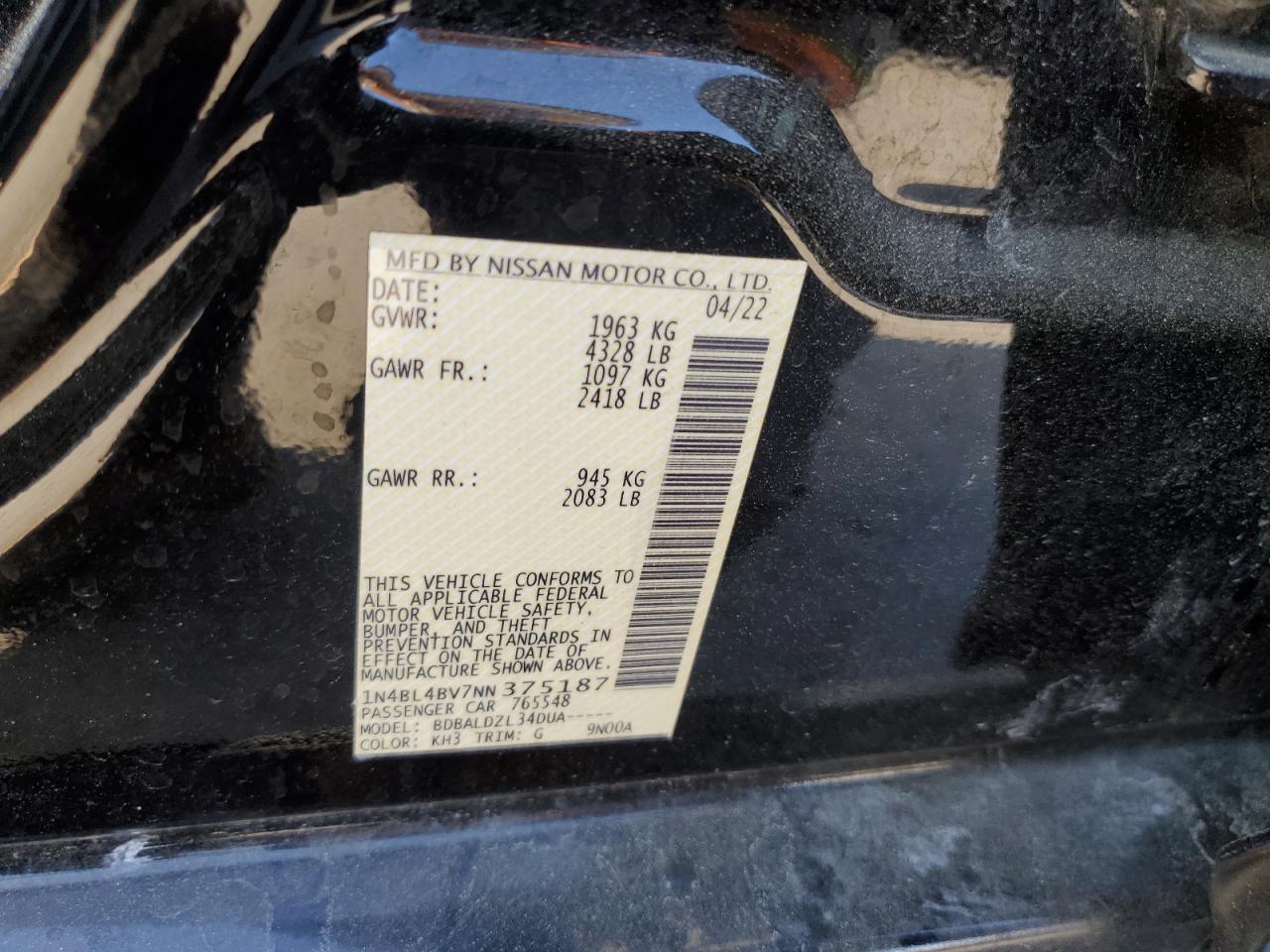 2022 Nissan Altima S VIN: 1N4BL4BV7NN375187 Lot: 62920155