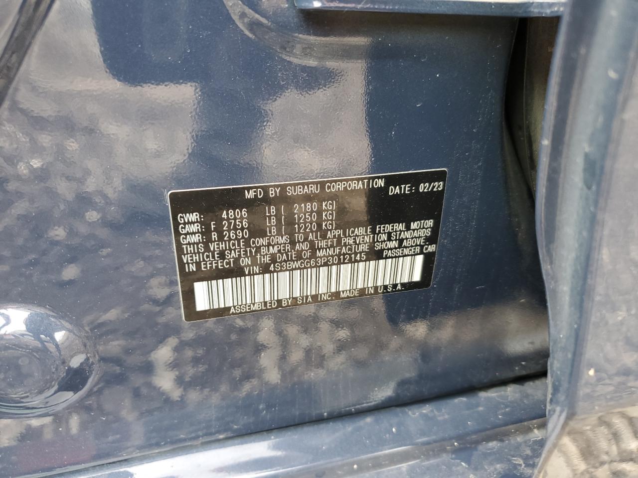 2023 Subaru Legacy Sport VIN: 4S3BWGG63P3012145 Lot: 63112485