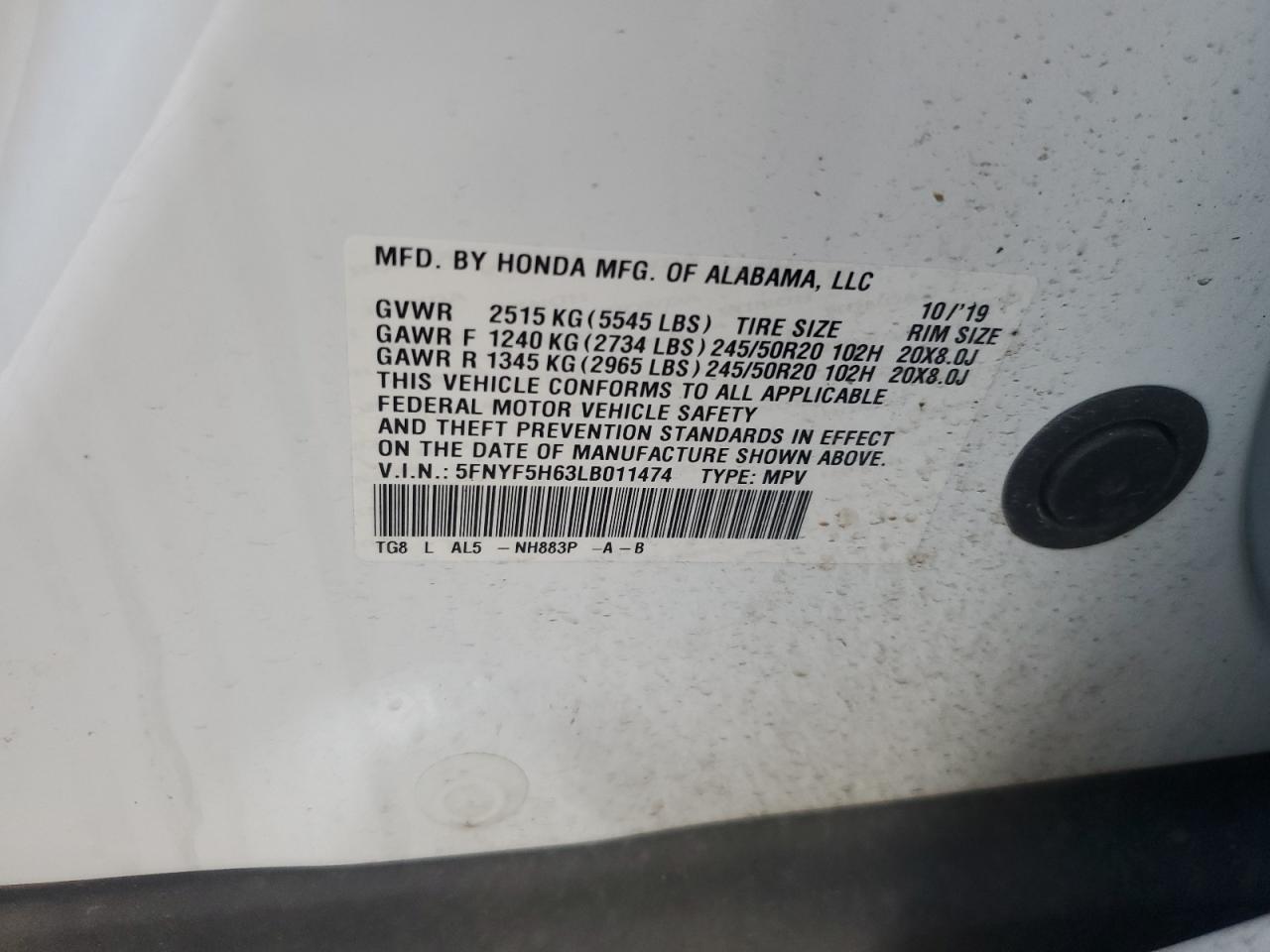 2020 Honda Pilot Touring VIN: 5FNYF5H63LB011474 Lot: 62547135