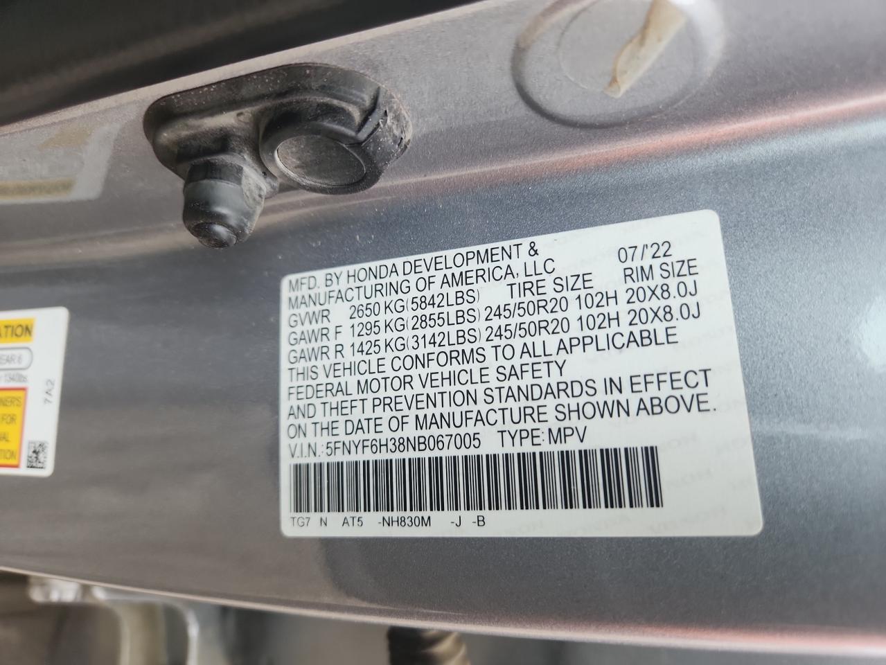 2022 Honda Pilot Sport VIN: 5FNYF6H38NB067005 Lot: 60837455