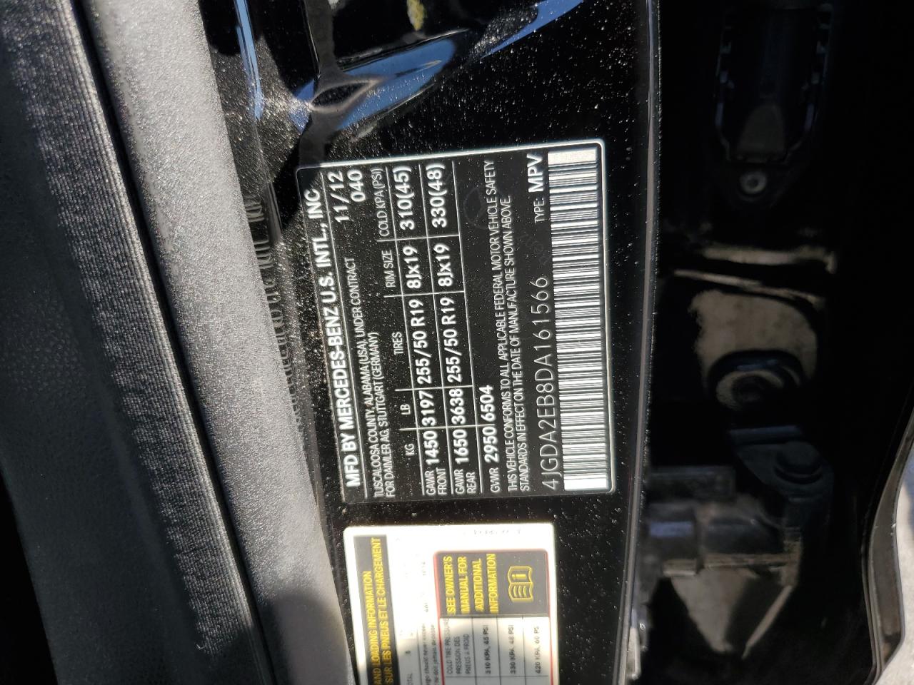 2013 Mercedes-Benz Ml 350 Bluetec VIN: 4JGDA2EB8DA161566 Lot: 62859795