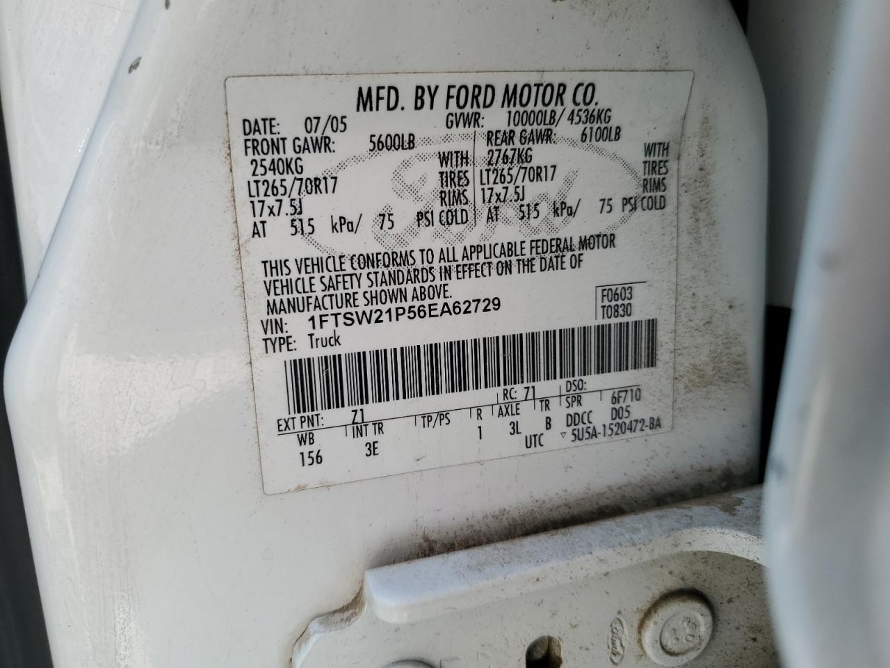 FORD F250 2006 VIN 1FTSW21P56EA62729 фото 12