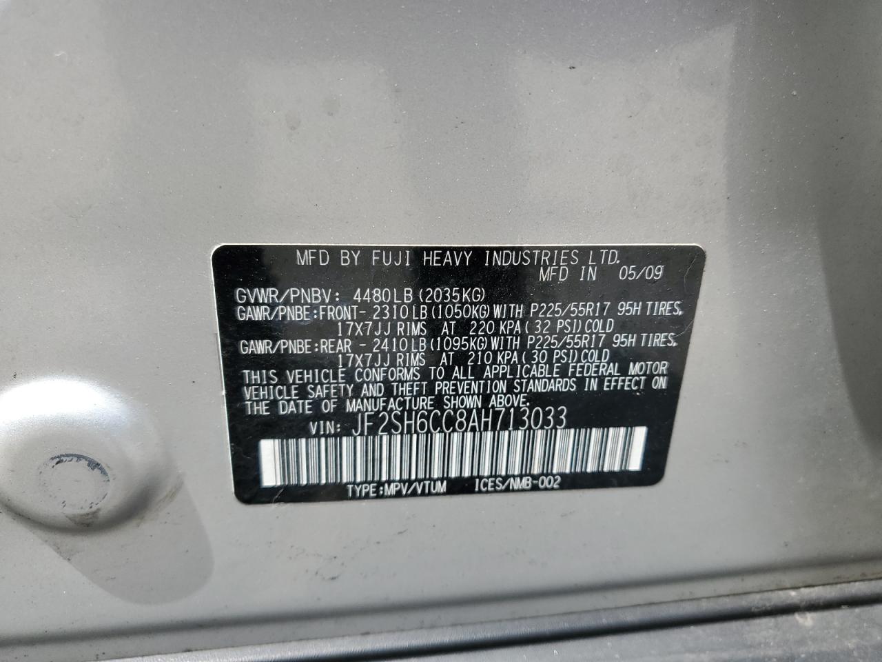 2010 Subaru Forester 2.5X Premium VIN: JF2SH6CC8AH713033 Lot: 61926745