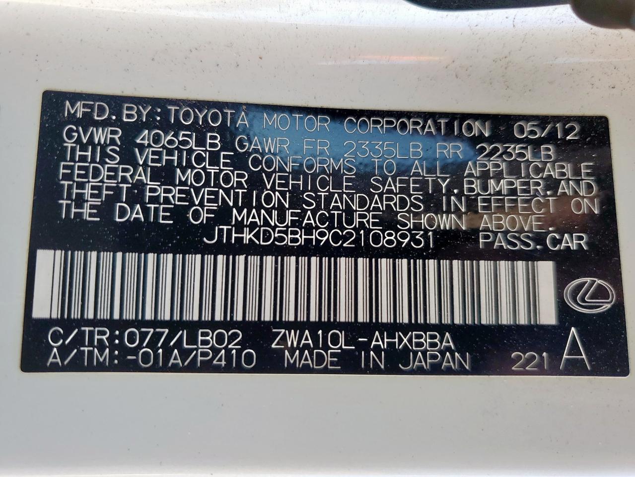 2012 Lexus Ct 200 VIN: JTHKD5BH9C2108931 Lot: 61676025