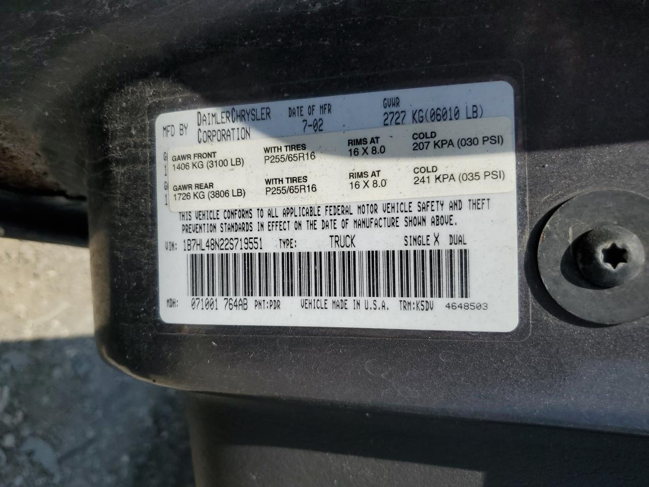 2002 Dodge Dakota Quad Slt VIN: 1B7HL48N22S719551 Lot: 61735845