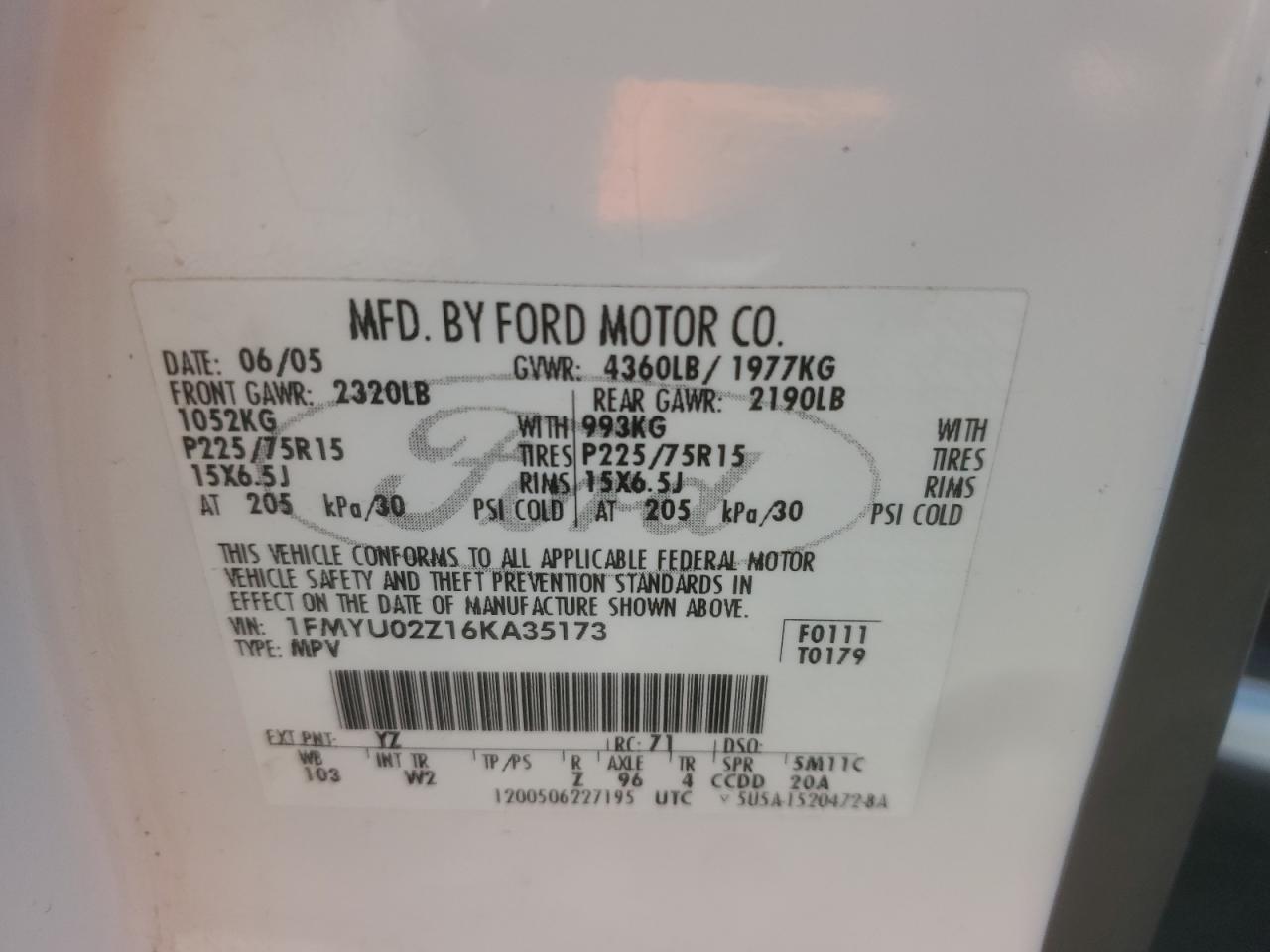 2006 Ford Escape Xls VIN: 1FMYU02Z16KA35173 Lot: 61448235