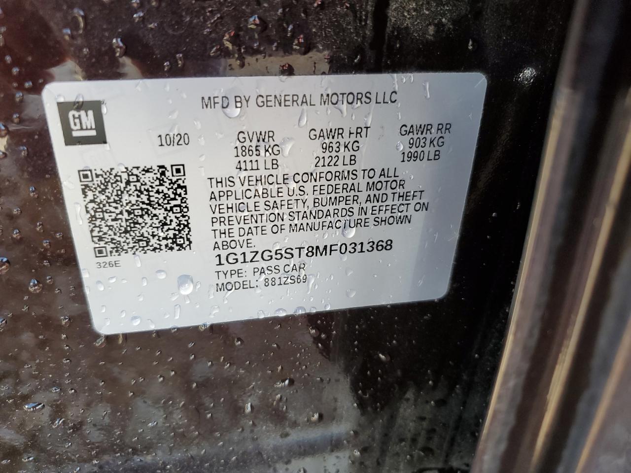 2021 Chevrolet Malibu Rs VIN: 1G1ZG5ST8MF031368 Lot: 62545275