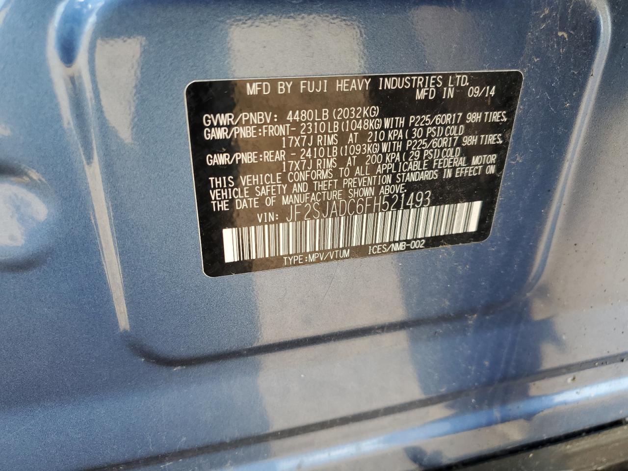 2015 Subaru Forester 2.5I Premium VIN: JF2SJADC6FH521493 Lot: 62426365