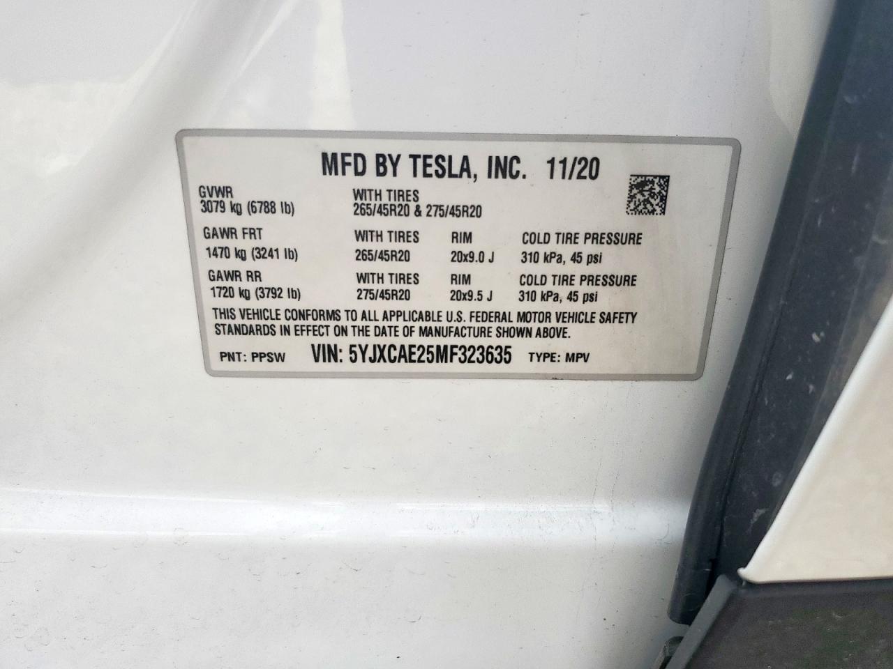 2021 Tesla Model X VIN: 5YJXCAE25MF323635 Lot: 60820145