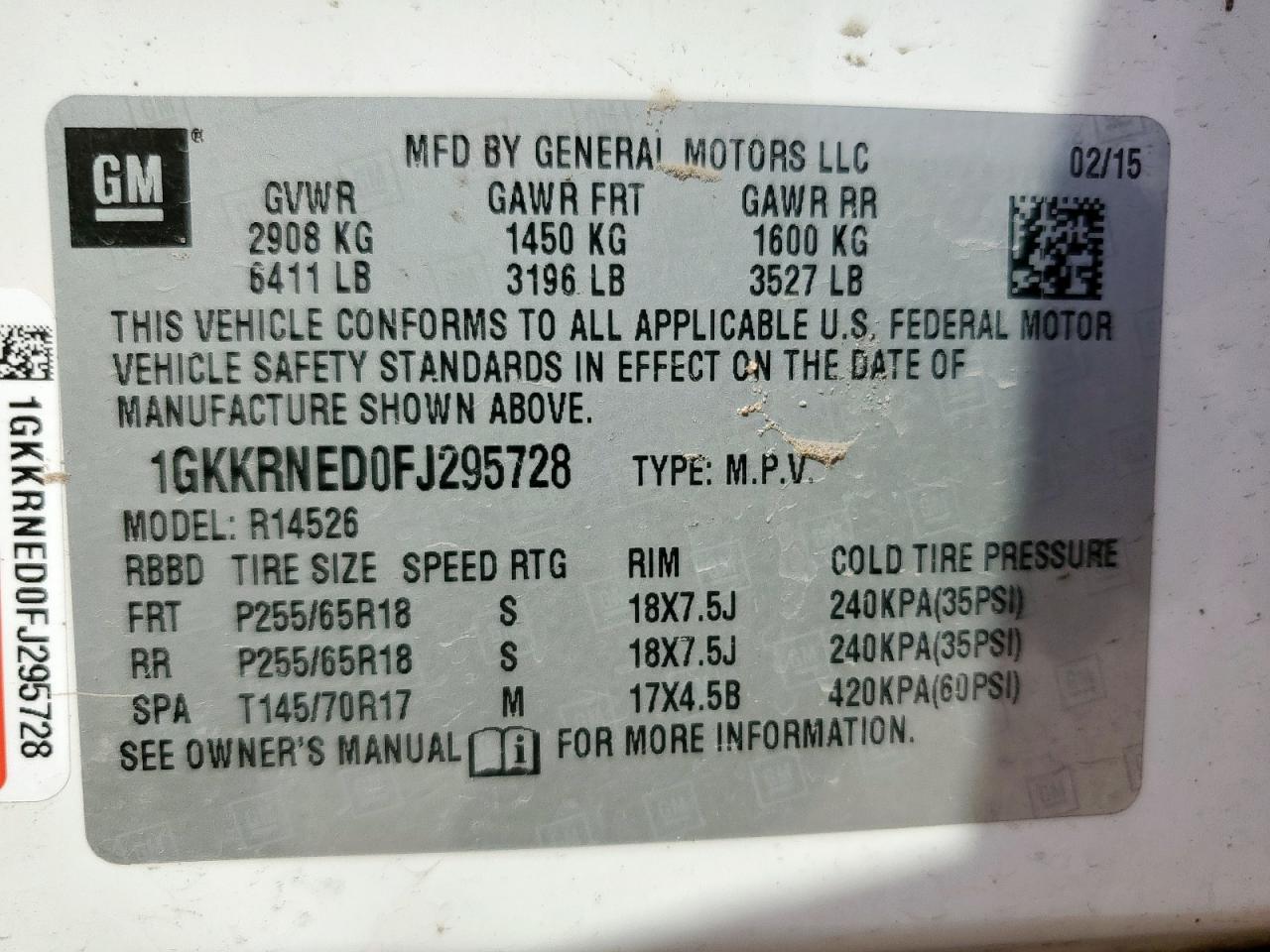 2015 GMC Acadia Sle VIN: 1GKKRNED0FJ295728 Lot: 59591655